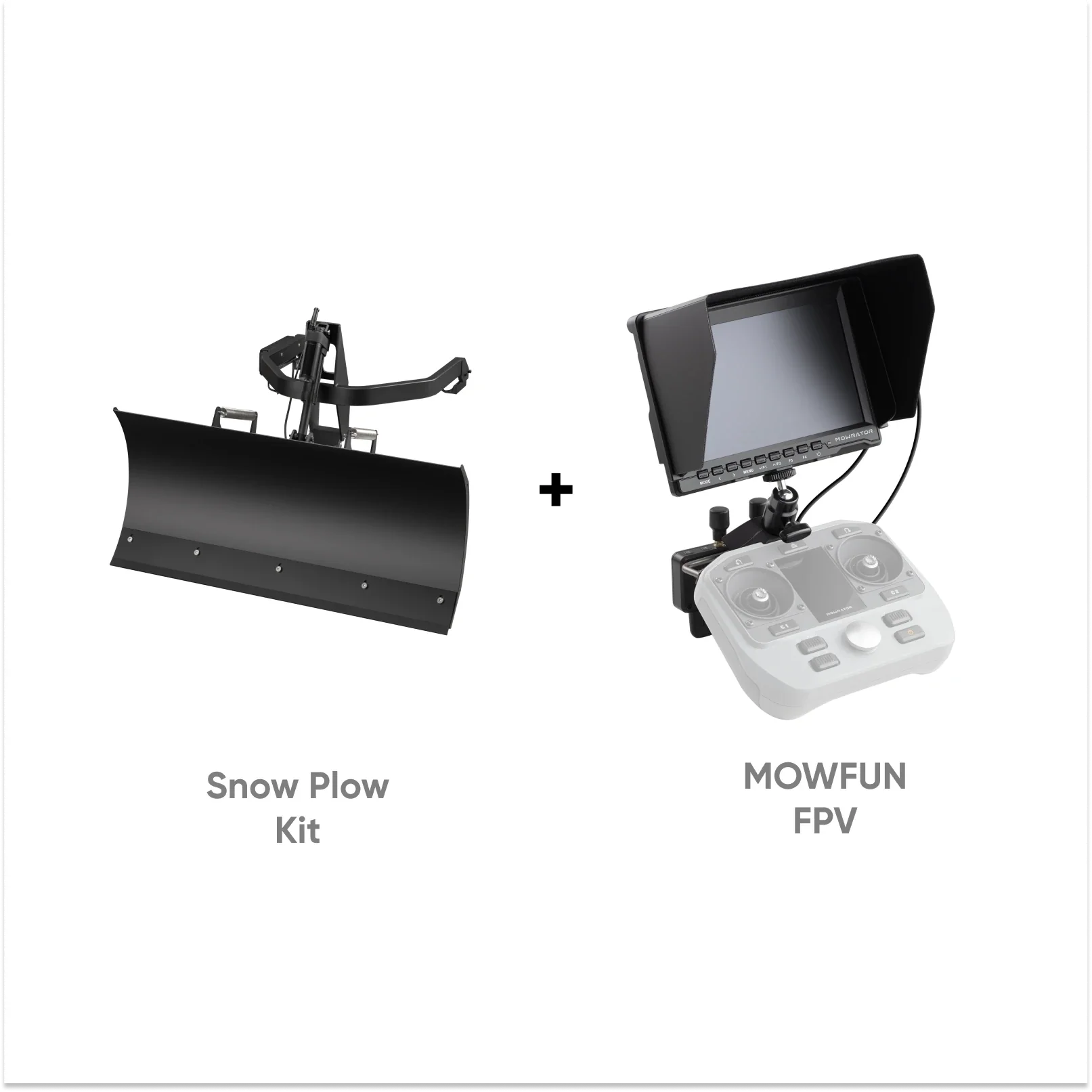 MOWRATOR FPV indoor snow plow expansion kit with snow blade and mounting components for remote-controlled snow removal.