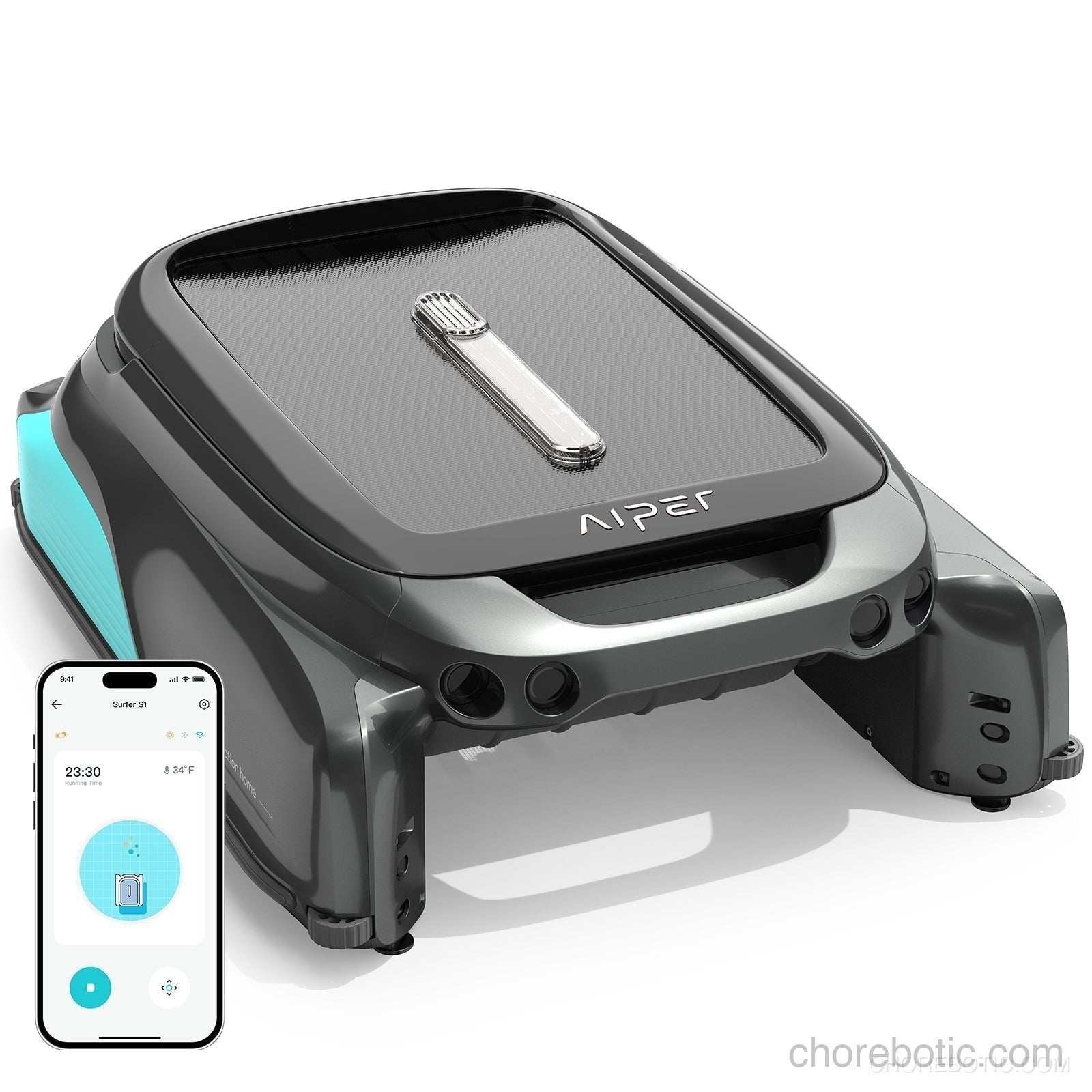Aiper Surfer S1 cordless robotic pool skimmer cleaning a swimming pool with its sleek design and compact size.