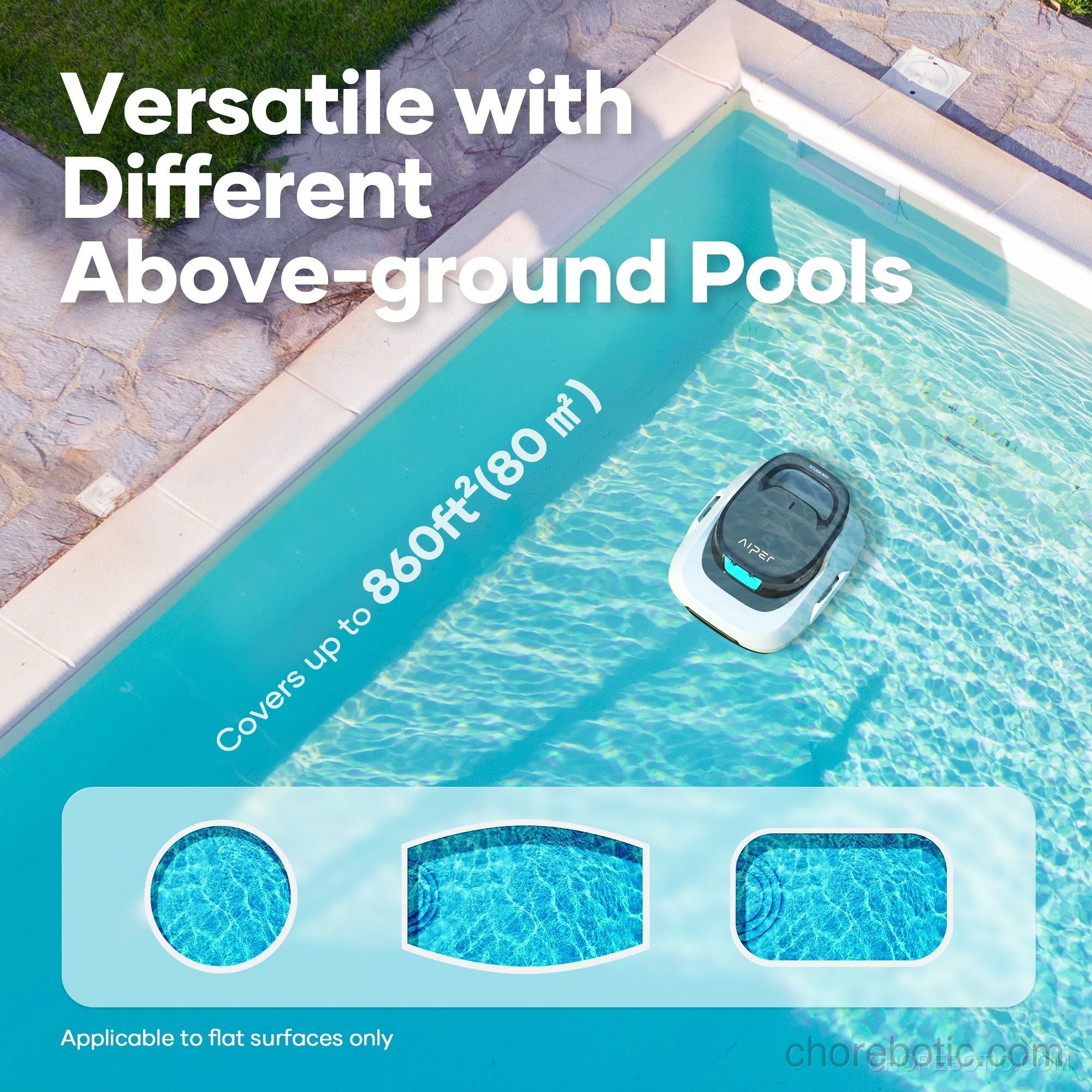 Aiper Scuba 800 wireless pool cleaner in action, showcasing its compact design and brush system cleaning a swimming pool.