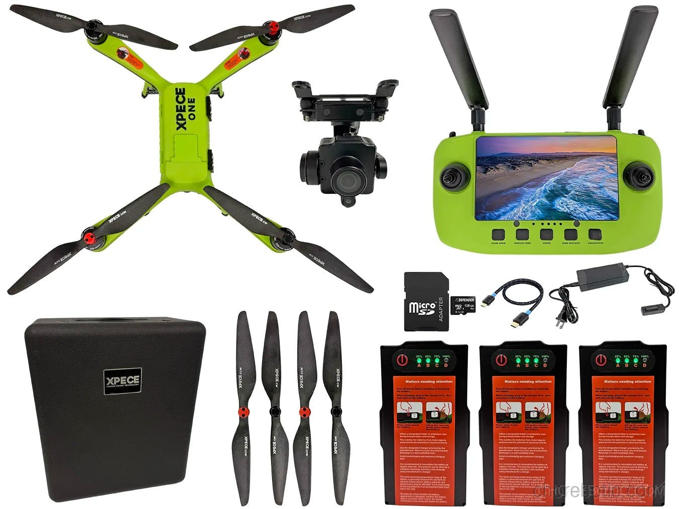 Xpece ONE fishing drone with remote controller and accessories, designed for fishing and aerial scanning.