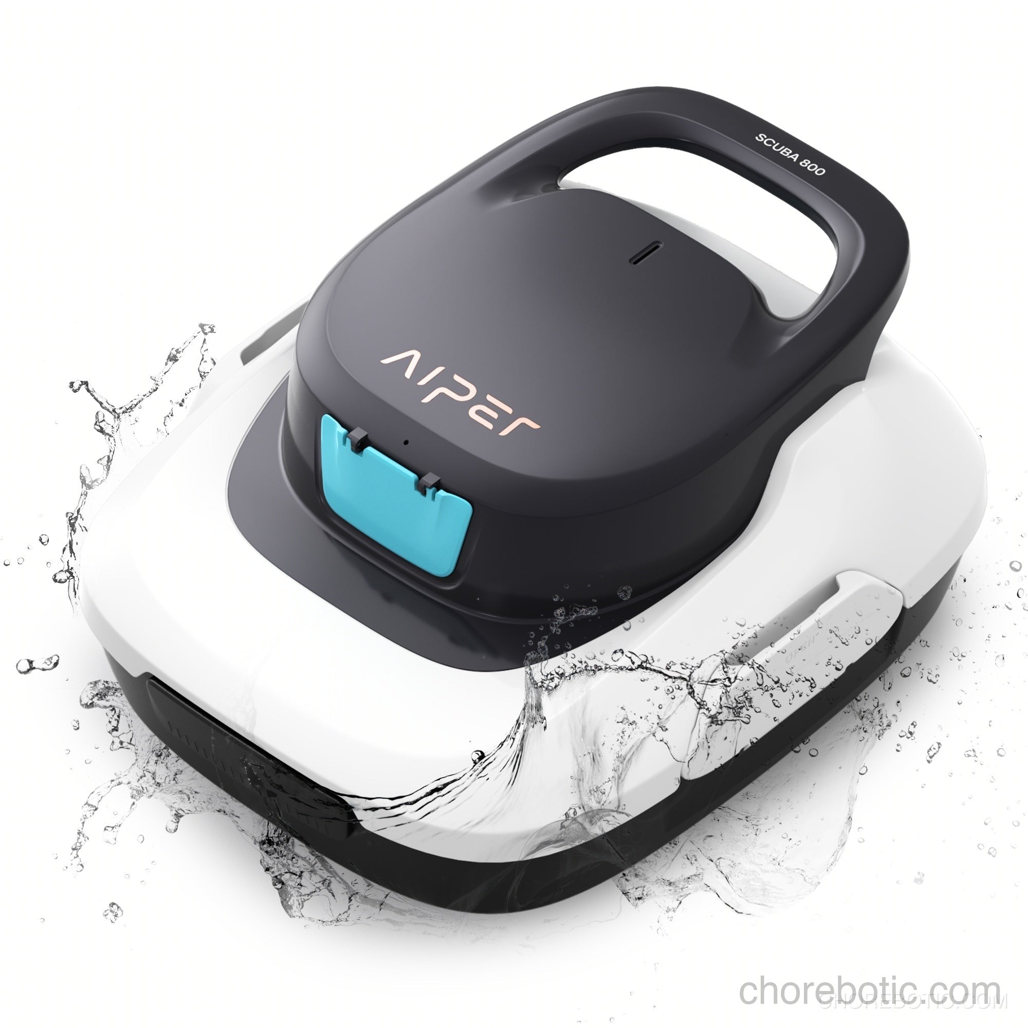 Aiper Scuba 800 wireless pool cleaner navigating a swimming pool, with sleek design and cleaning brushes visible.