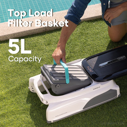 Aiper Surfer M1 cordless robotic pool cleaner skimming the surface of a swimming pool.