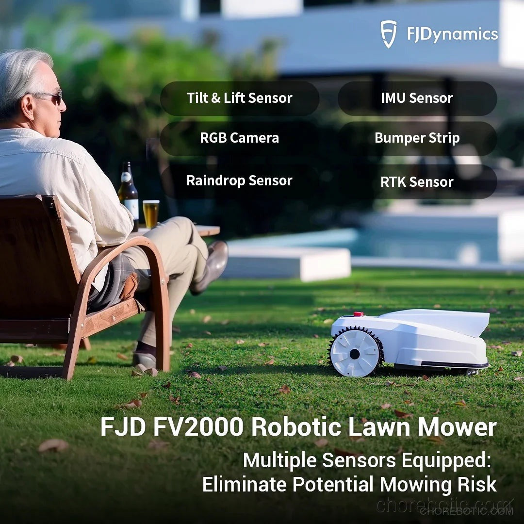 FJD FV2000 robotic lawn mower from FJDynamics, showing the sleek black robot with cutting blades ready for yard mowing.