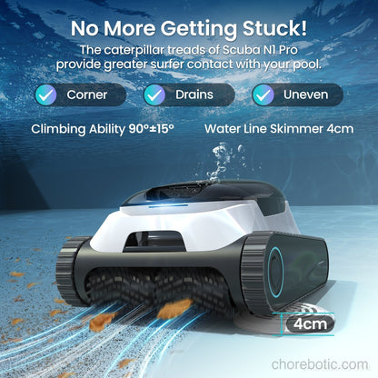 Aiper Scuba N1 Plus cordless robotic pool cleaner showing its compact design and cleaning brushes for pool surface.
