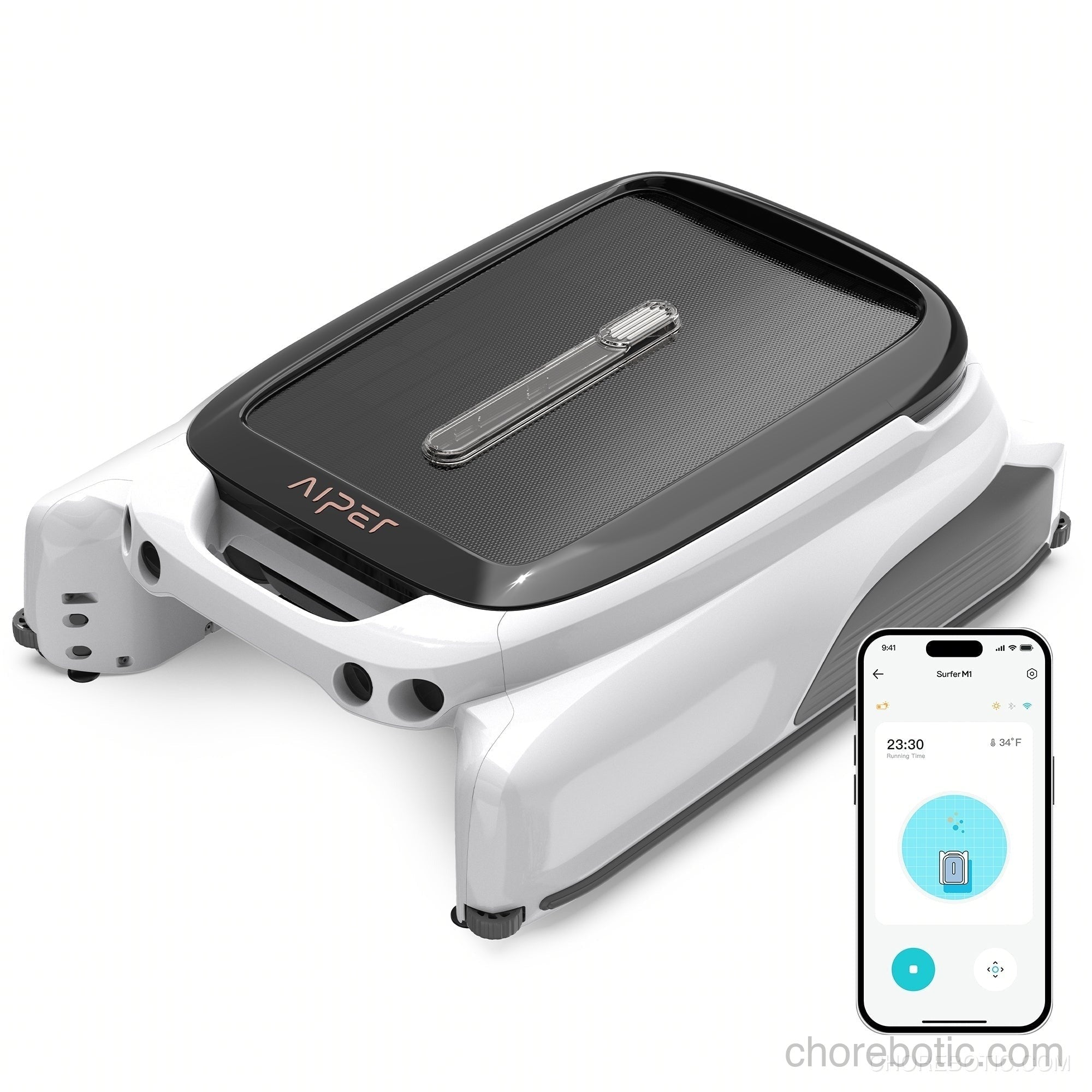 Aiper Surfer M1 cordless robotic pool cleaner in action, skimming the surface of a clean outdoor swimming pool.