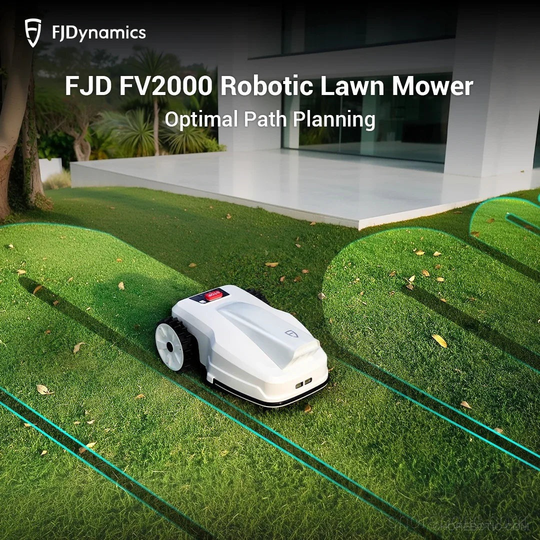 FJD FV2000 robotic lawn mower from FJDynamics cutting grass in a lush yard during daytime.