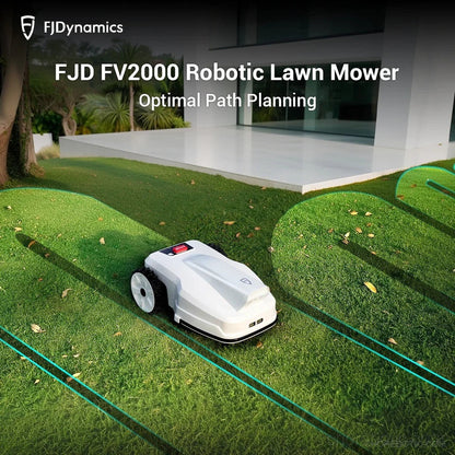 FJD FV2000 robotic lawn mower from FJDynamics cutting grass in a lush yard during daytime.