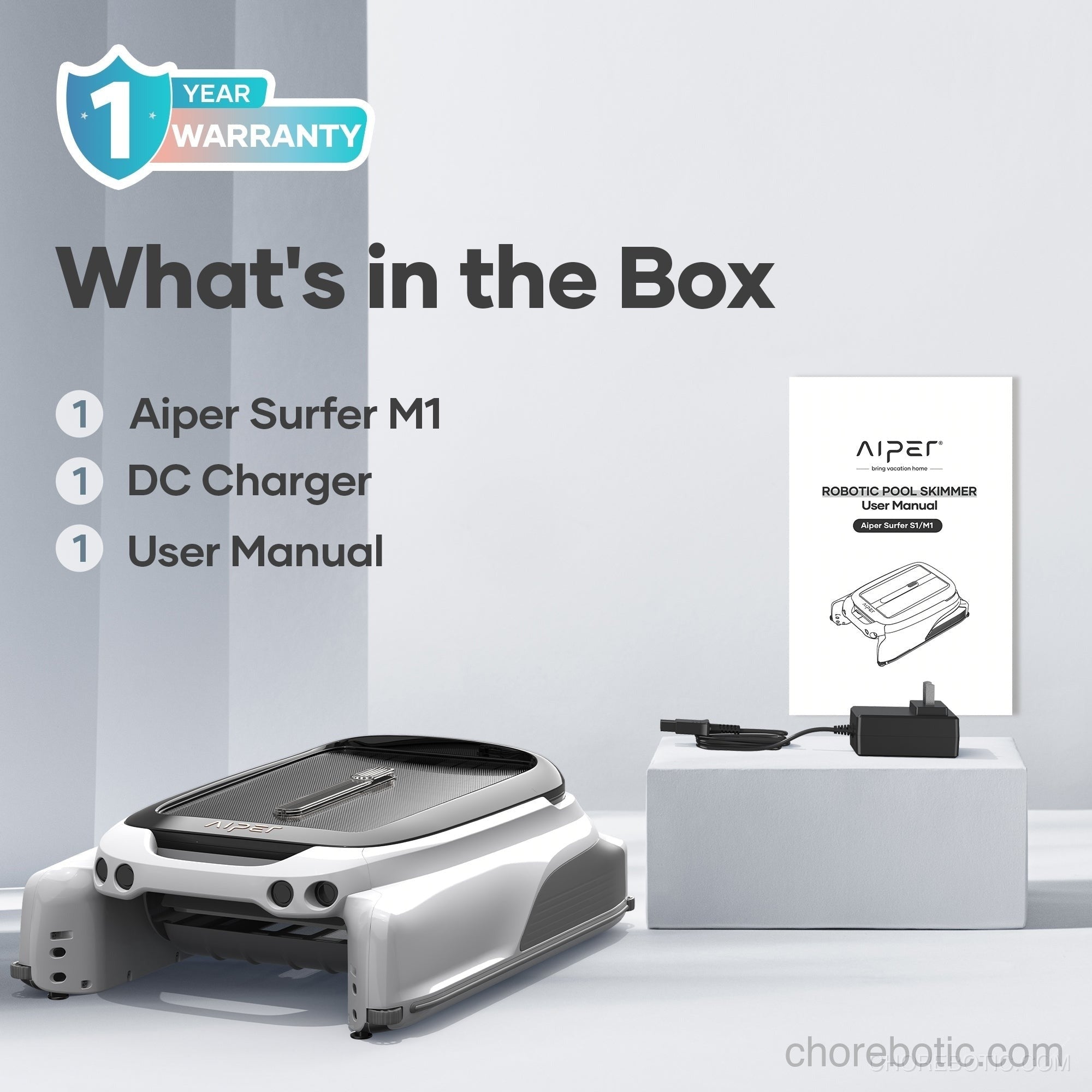 Aiper Surfer M1 cordless robotic pool skimmer cleaning a swimming pool with its compact design and sleek appearance.