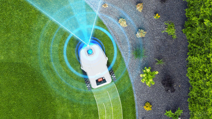 FJDynamics FL3000 No Wire LiDAR robotic lawn mower mowing a lush green lawn with a sleek design.