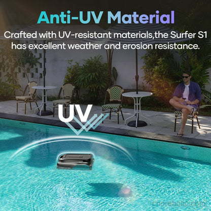 Aiper Surfer S1 cordless robotic pool skimmer cleaning the water with its sleek design and compact size in a swimming pool.