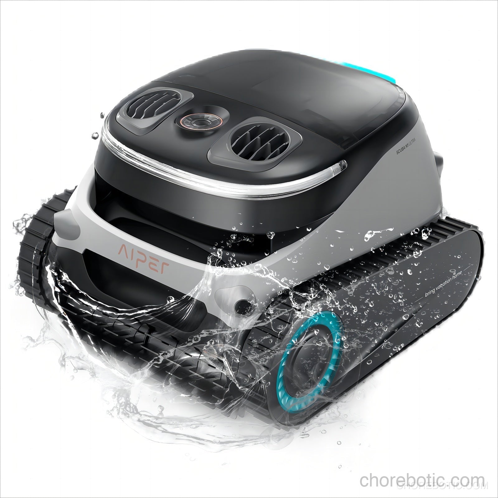 Aiper Scuba N1 Ultra cordless robotic pool cleaner submerged in a swimming pool, showcasing its compact design and cleaning brushes.