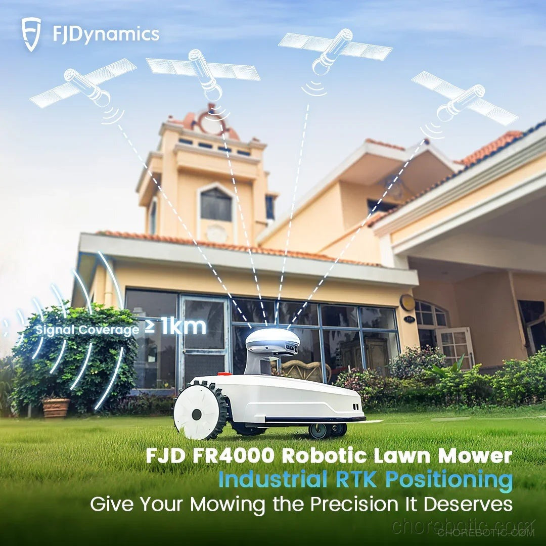 FJDynamics FJD FR4000 robotic lawn mower cutting grass in a yard, featuring sleek design and compact build for automated lawn care.