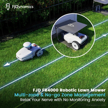 FJD FR4000 robotic lawn mower from FJDynamics cutting grass in a lush green yard.