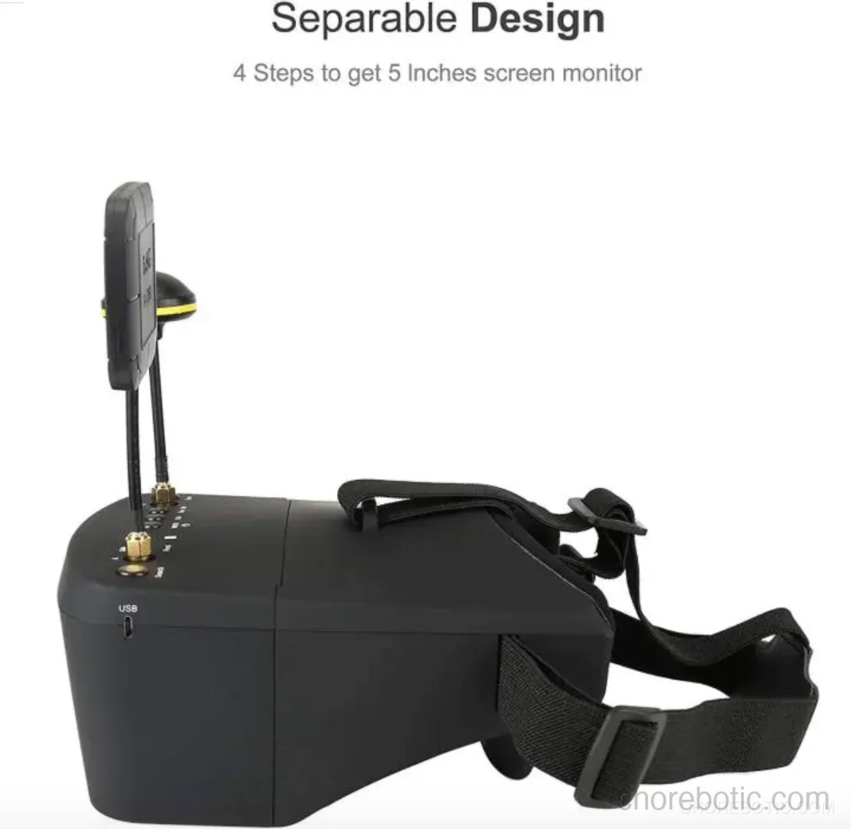 Xpece 5.8GHz video goggles accessory for drones showing the black and gray goggles with adjustable strap and screen display.