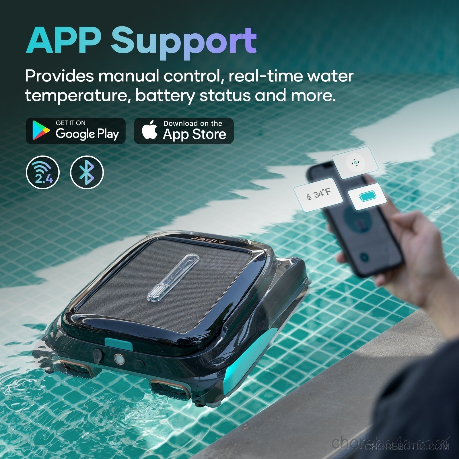 Aiper Surfer S1 cordless robotic pool cleaner skimming the surface of a clean swimming pool.