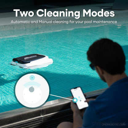 Aiper Surfer M1 cordless robotic pool cleaner skimming debris from a modern swimming pool surface.