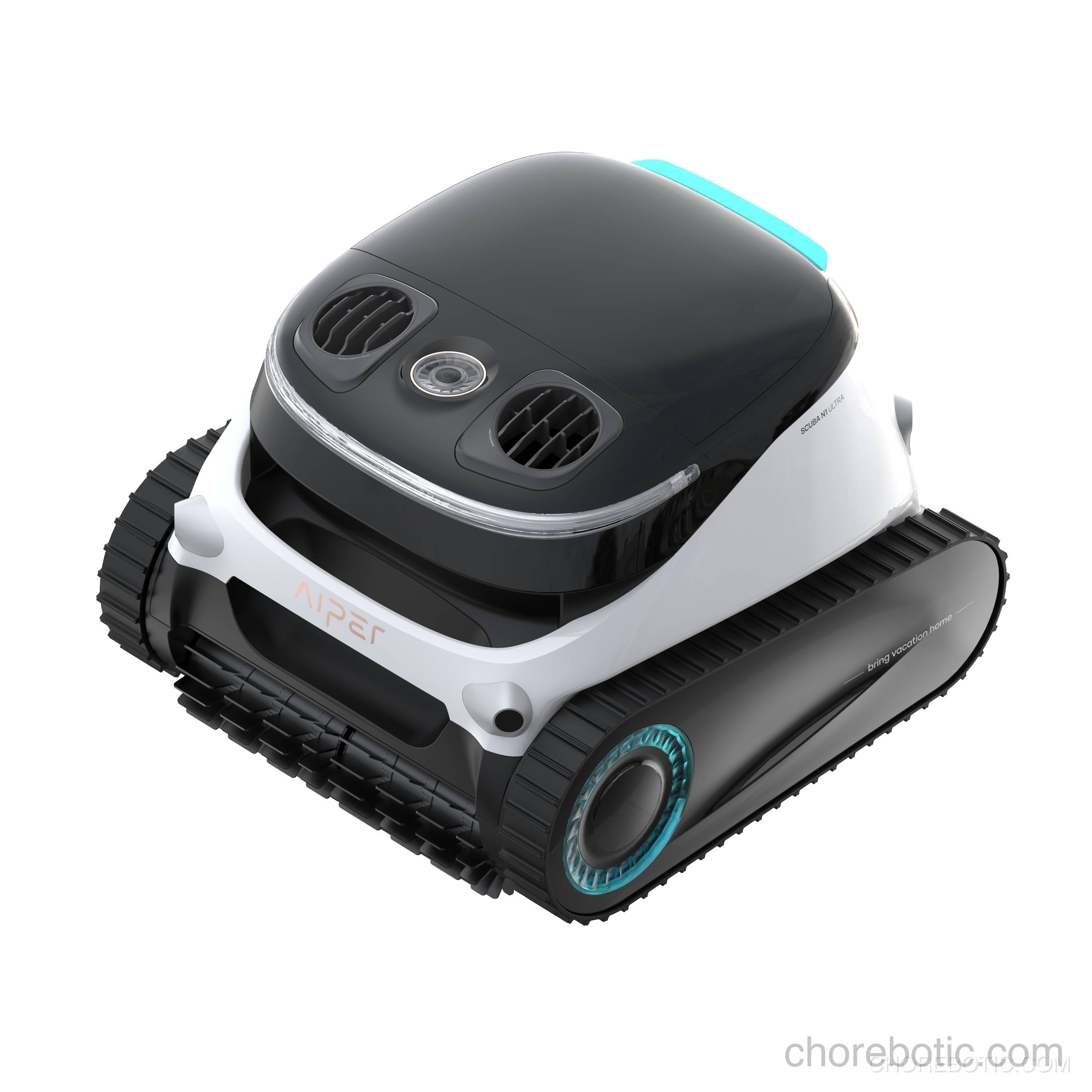 Aiper Scuba N1 Ultra cordless robotic pool cleaner shown in action, cleaning the pool floor and walls efficiently.