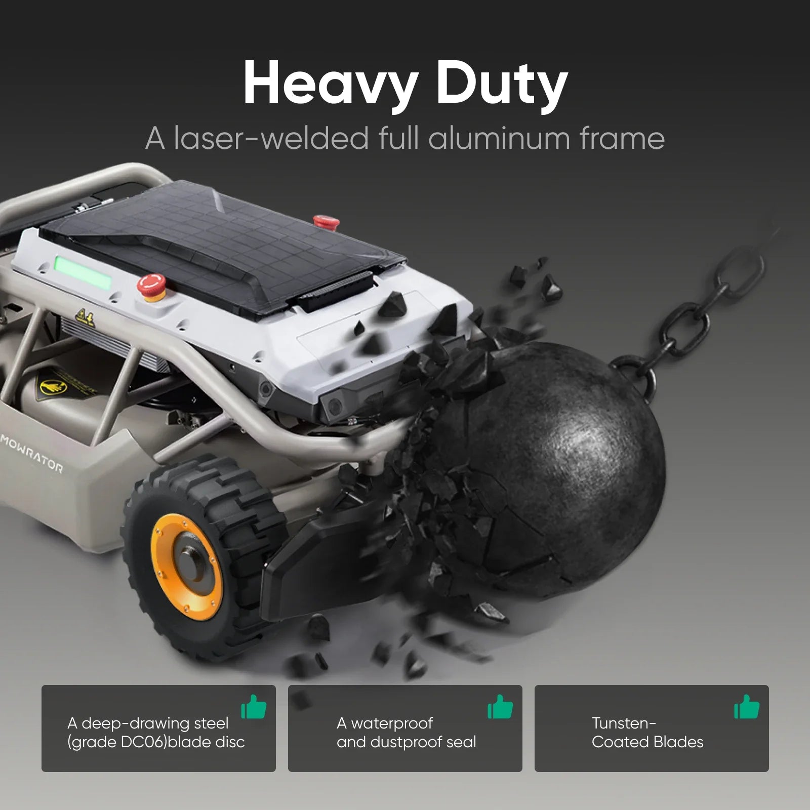 Heavy-duty MOWRATOR S1 4WD remote control lawn mower with wide wheels, suitable for 85% slope and equipped with leaf shredding vacuum.